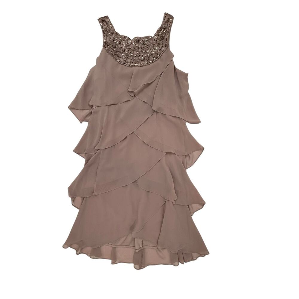 J.R. Nites by Carol Lin Beaded Illusion Neck Tiered Chiffon Layered Cocktial Dre